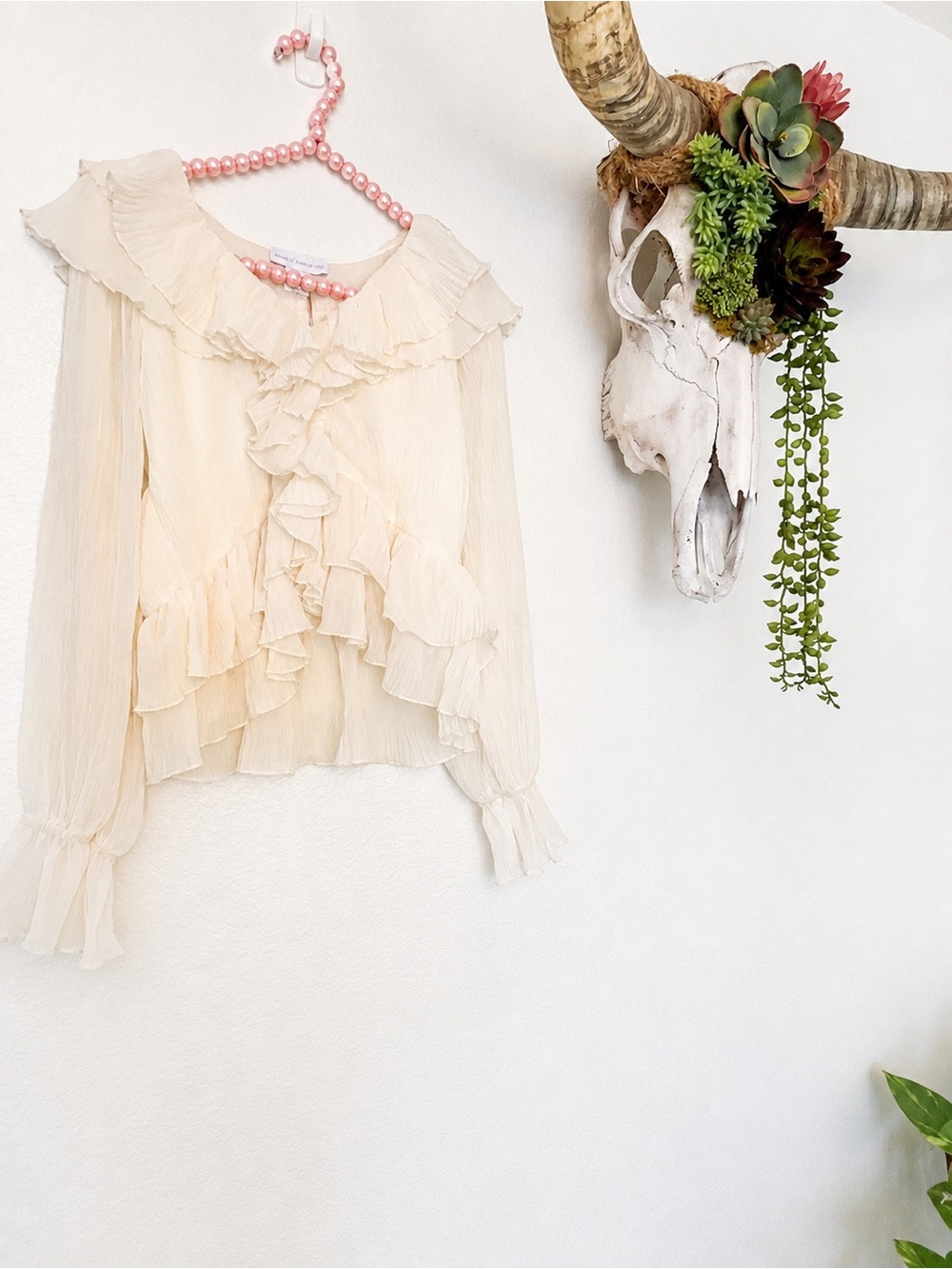 NWT House of Harlow Blouse Ivory Long Sleeve Sheer Ruffle Revolve S